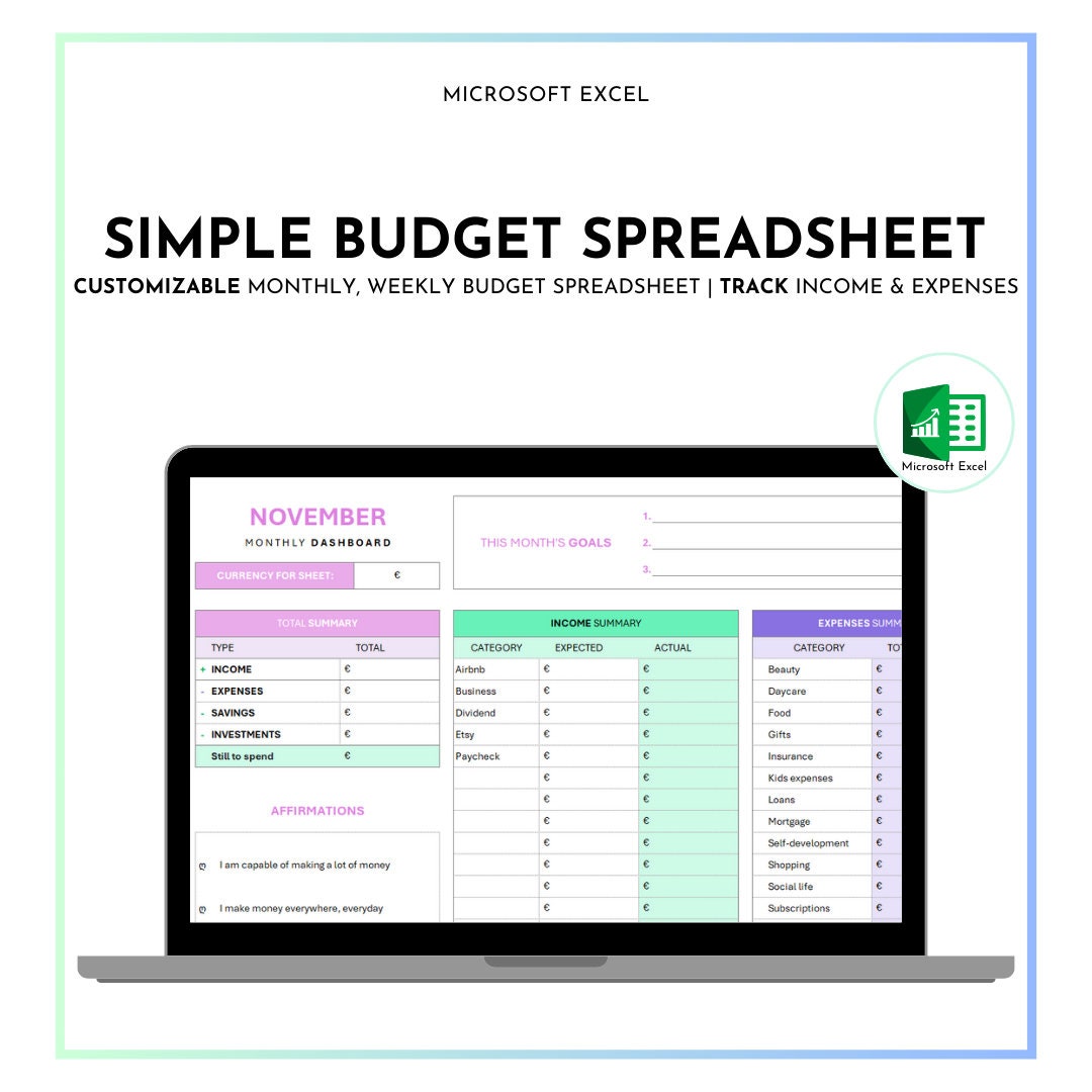 Excel Simple Monthly Budget Spreadsheet PINK Savings Paycheck Budget ...