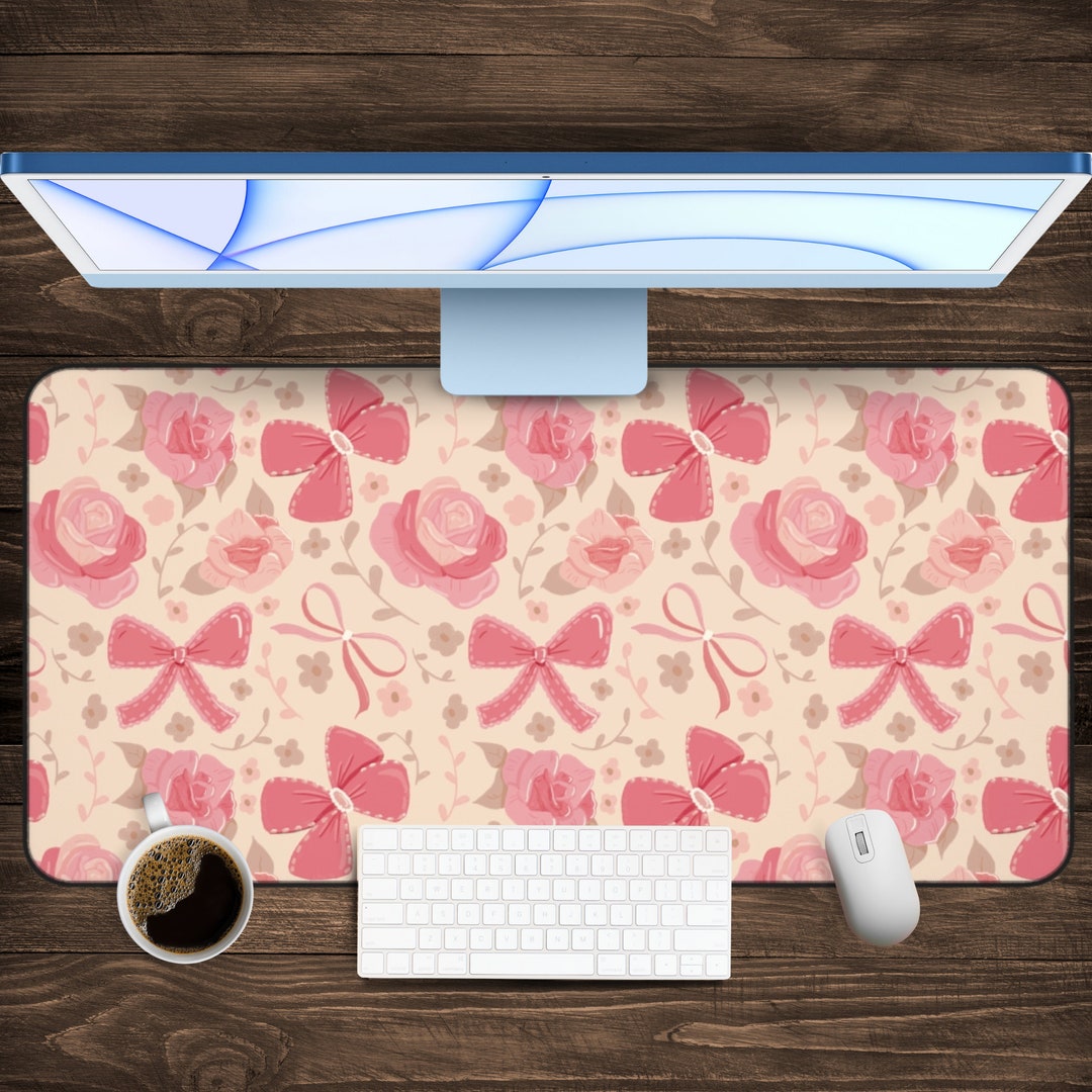 Pink Love Computer Mat Pink Floral Ribbon Desk Mat | WFH Feminine Mouse Pad | Cute Boho Gift ...