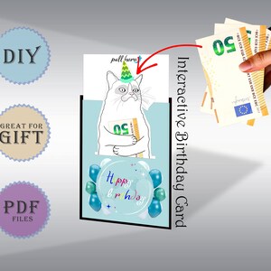 Cartão de aniversário para ele, cartão de felicitações para ela, cartões engraçados meme cat, cartão de felicitações, envelope de dinheiro, presente interativo DIY para impressão digital