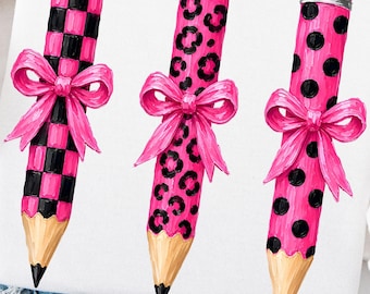 Pinselstriche Bleistift Bogen PNG Design Preppy Leopard Lehrer PNG Kokette Bogen PNG Karierte Tupfen Bleistift-T-Shirt Grafik Digitale Datei