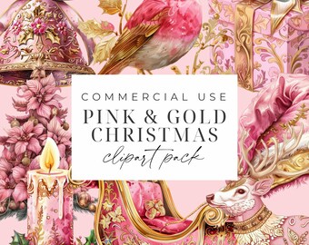 Pink Christmas Clipart Pink And Gold Clipart Pink Christmas Watercolor PNG Winter Holiday Graphics Pink Christmas Tree Ornaments Printable