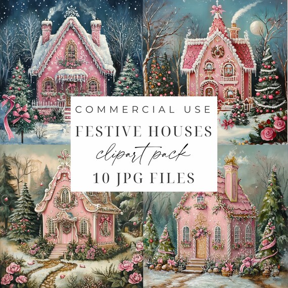 Christmas Houses Snowy Scenery Clipart Bundle Festive Winter Gingerbread House JPEG Clipart Christmas Holiday Clipart Snowy Cottage JPGs