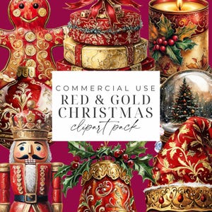 Clipart Noël or rouge PNGs Noël Clipart Bundle vintage Noël Clipart numérique en téléchargement aquarelle Noël noeuds étoiles boules