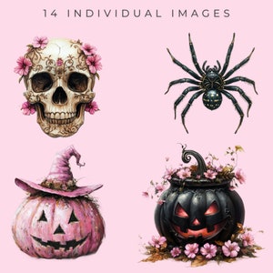 Pode incluir: Quatro ilustra&ccedil;&otilde;es com tema de Halloween em um fundo rosa. Uma caveira de a&ccedil;&uacute;car com flores rosas, uma aranha preta, uma ab&oacute;bora rosa com um chap&eacute;u de bruxa e uma ab&oacute;bora preta com flores rosas.
