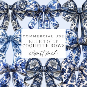 Blauwe strik toile coquette strikken clipart coquette aquarel strikken PNG chinoiserie strik clipart Franse toil de jouy bogen lint baby shower bundel