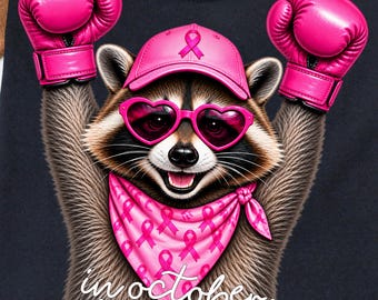 In October We Wear Pink Raccoon PNG Breast Cancer Awareness Design Pink Raccoon Shirt PNG Cancer Support PNG Pink Ribbon Fighter Graphic