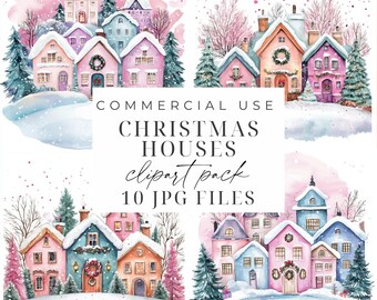 Imágenes prediseñadas de casas navideñas nevadas, aldea navideña JPG, imágenes prediseñadas de casa de invierno en acuarela, descarga instantánea, gráficos de tarjetas navideñas, escena nevada