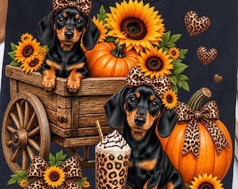 Cute Fall PNG Fall Dachshund Design Autumn Pumpkin Sublimation Preppy Leopard Bow Fall PNG Fall Coffee Design Girl Fall Digital Download