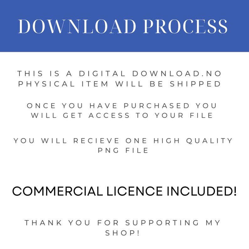 Puede incluir: Gr&aacute;fico del proceso de descarga digital con texto blanco sobre fondo azul. El texto incluye "DOWNLOAD PROCESS", "THIS IS A DIGITAL DOWNLOAD" y "COMMERCIAL LICENCE INCLUDED!"