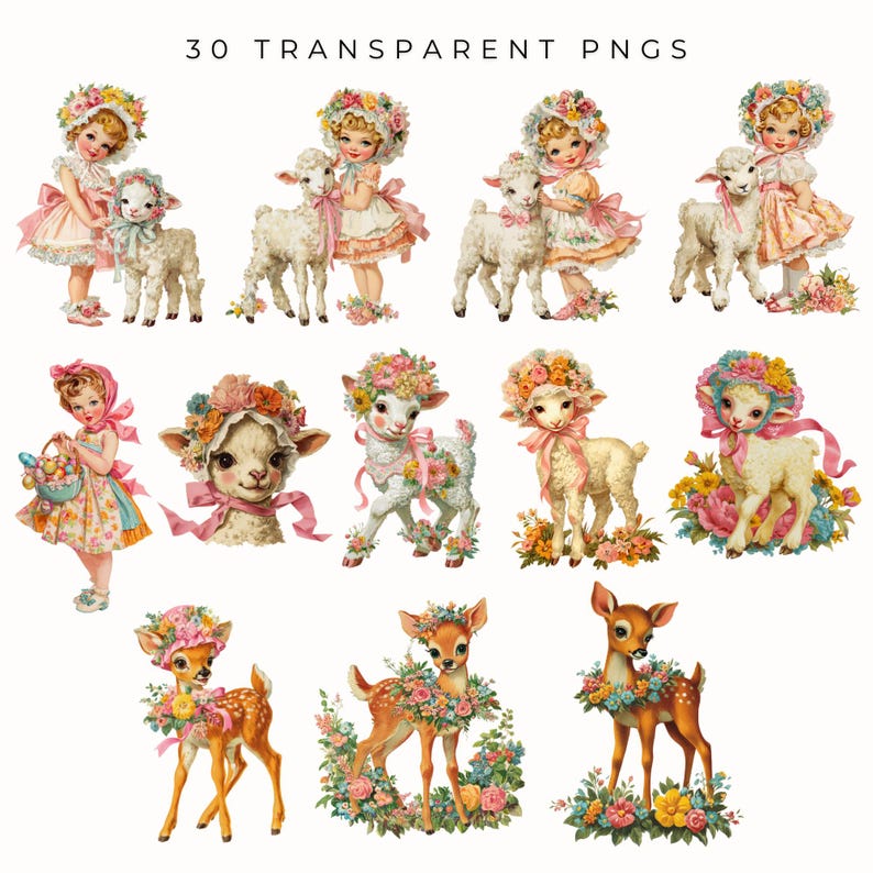 May include: A collection of digital illustrations in a vintage style, depicting children with lambs and deer, all decorated with floral wreaths and ribbons. The images are in soft pastel colours, with the text "30 TRANSPARENT PNGS" at the top.