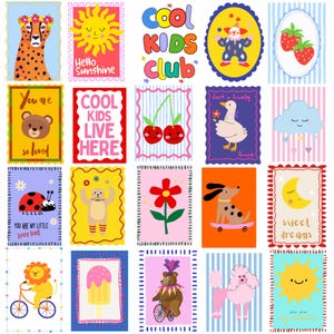 May include: A collection of colorful, illustrated cards featuring various cartoon animals and objects. Designs include a cheetah, sun, bear, cherries, clown, strawberries, goose, cloud, ladybug, dog on a skateboard, moon, lion on a bicycle, ice cream, bear on a bicycle, poodle, and text.