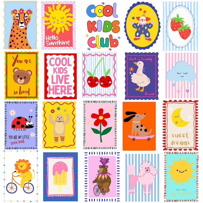 May include: A collection of colorful, illustrated cards featuring various cartoon animals and objects. Designs include a cheetah, sun, bear, cherries, clown, strawberries, goose, cloud, ladybug, dog on a skateboard, moon, lion on a bicycle, ice cream, bear on a bicycle, poodle, and text.