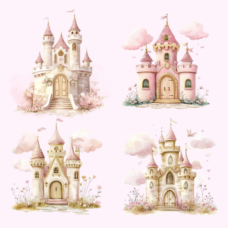 May include: Four watercolor illustrations of fairytale castles in shades of pink and white. Each castle has turrets, flags, and arched doorways. Soft pink clouds and floral accents surround the castles, creating a whimsical and dreamy aesthetic.