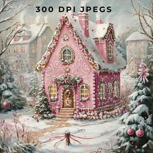 May include: A pink gingerbread house with white frosting and candy decorations. The house has a red door and windows, and is surrounded by snow and trees.