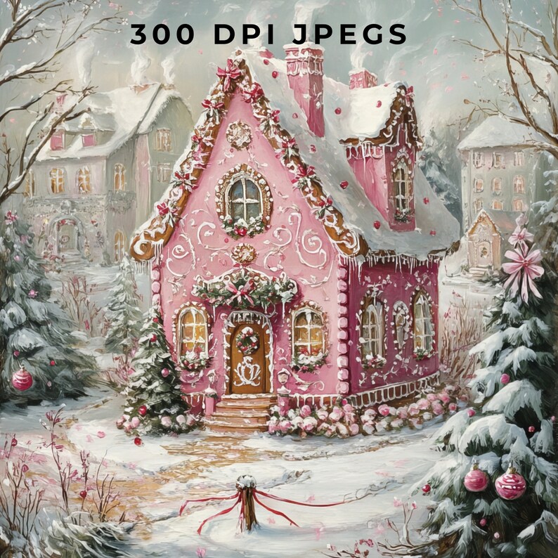 May include: A pink gingerbread house with white frosting and candy decorations. The house has a red door and windows, and is surrounded by snow and trees.