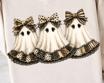 Cute Preppy Ghost PNG Coquette Ghost Trio PNG Ghost Bow PNG Leopard Polka Dot Ghost Design Trendy Girl Fall T Shirt Boojee Ghost Graphic