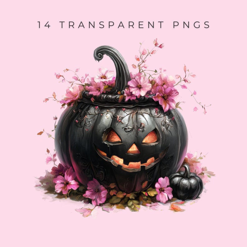 Pode incluir: Uma ab&oacute;bora preta esculpida com um rosto de jack-o'-lantern e olhos laranja brilhantes. A ab&oacute;bora &eacute; decorada com flores e folhas cor-de-rosa.