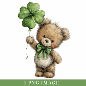 May include: A watercolor illustration of a teddy bear holding a green four-leaf clover balloon. The bear has brown fur, a green bow, and rosy cheeks. The image is on a white background with the text "1 PNG IMAGE" at the bottom.