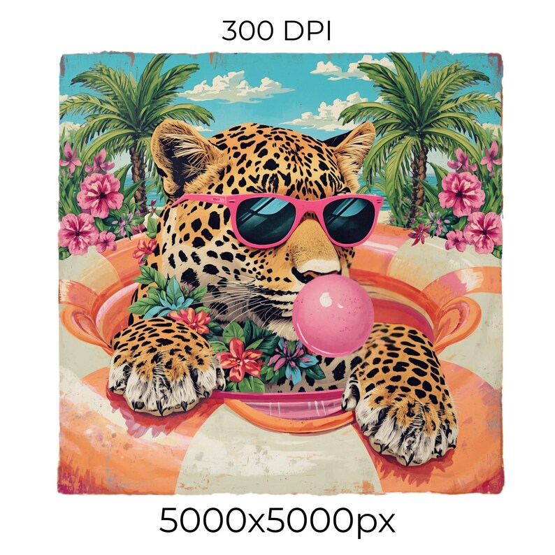 May include: A whimsical illustration of a leopard wearing pink sunglasses and blowing a bubble gum bubble while floating in an orange and white inflatable ring. Palm trees and flowers are in the background. The image is labeled "300 DPI" and "5000x5000 px."