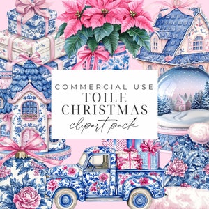 Natal Chinoiserie Clipart Azul Rosa Grande Millennial Clipart Natal Toile PNG Aquarela Gráficos de Natal Bolas Arcos Poinsétia