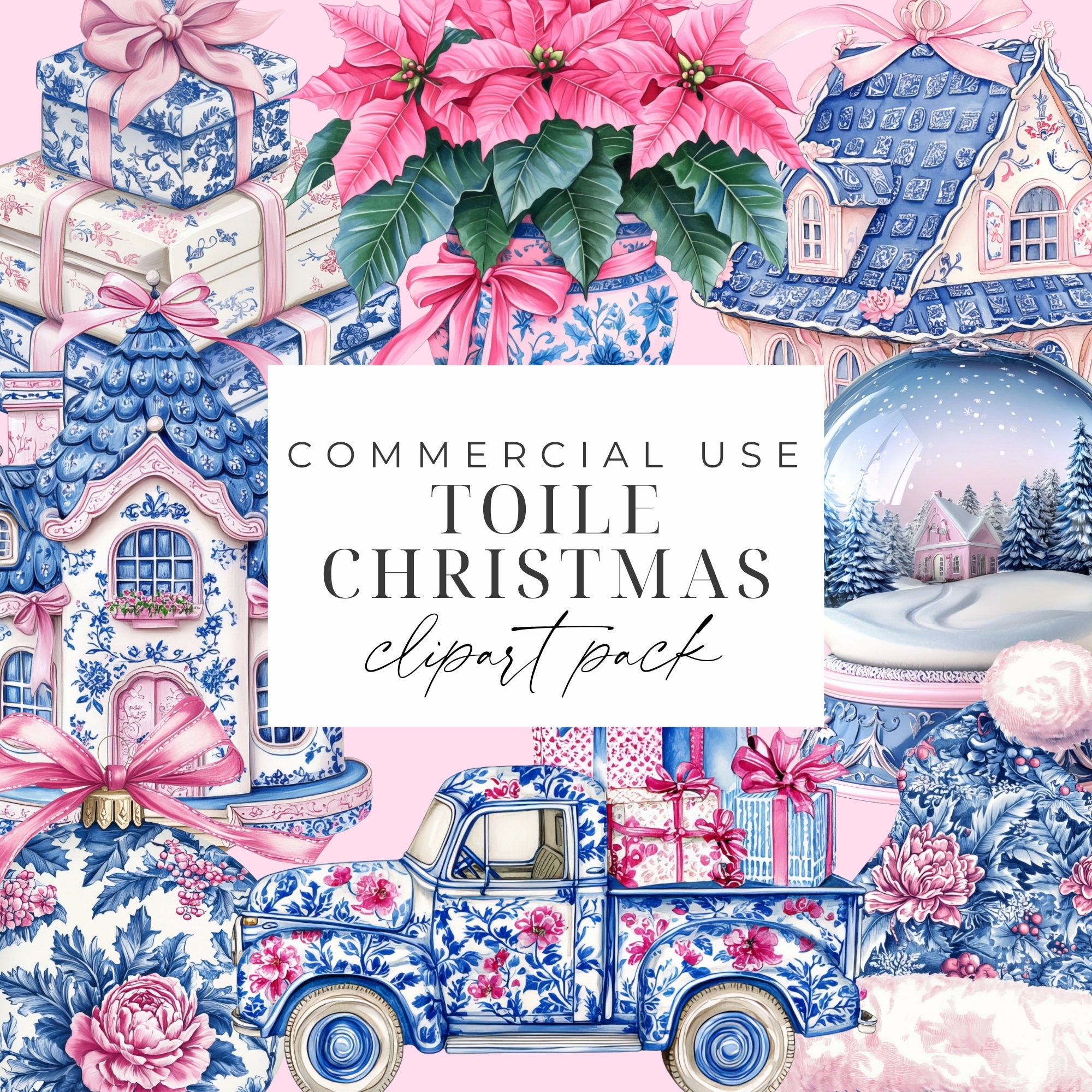 Christmas Chinoiserie Clipart Blue Pink Grand Millennial Clipart ...