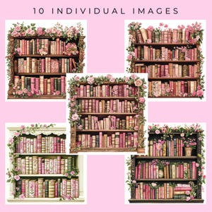 May include: A set of ten digital images featuring vintage bookshelves adorned with pink roses and greenery. The bookshelves are filled with antique books, creating a charming and romantic aesthetic.