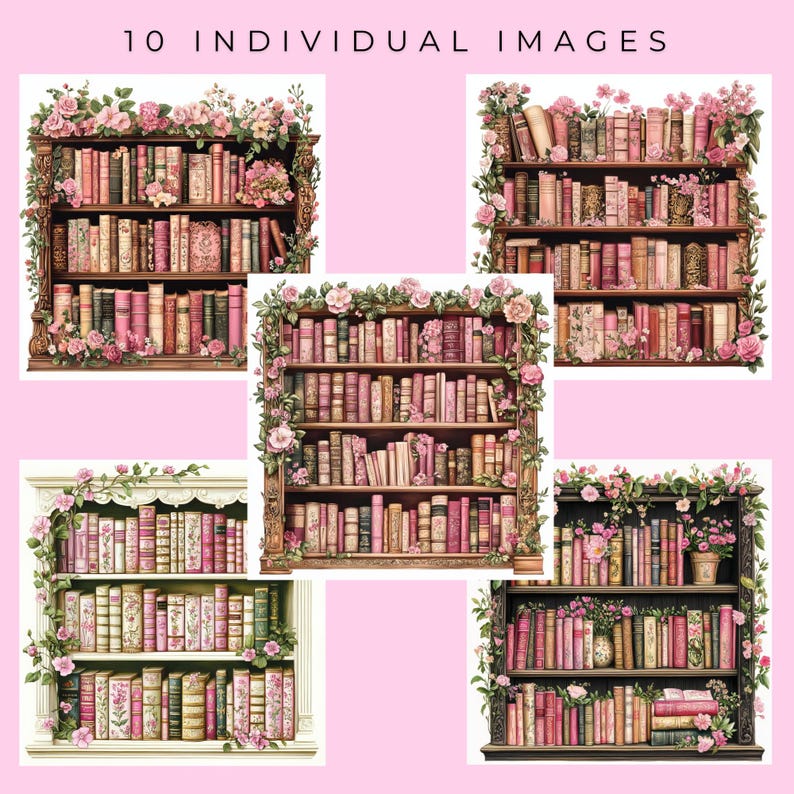 May include: A set of ten digital images featuring vintage bookshelves adorned with pink roses and greenery. The bookshelves are filled with antique books, creating a charming and romantic aesthetic.