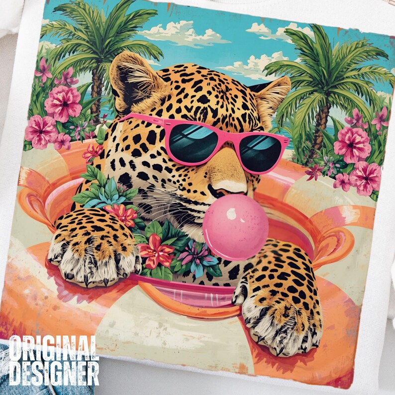 May include: White sweatshirt featuring a leopard wearing pink sunglasses and blowing a pink bubble. The leopard is in a life preserver with tropical flowers and palm trees in the background. The words "ORIGINAL DESIGNER" are at the bottom.