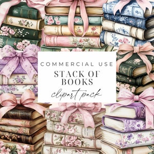 Puede incluir: Un paquete de clipart digital de pilas de libros con cintas rosas y diseños florales. El texto "COMMERCIAL USE STACK OF BOOKS clipart pack" está en un rectángulo blanco en el centro de la imagen.