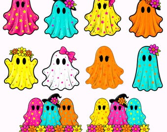 Neon Ghost Halloween Clipart Bundle Cute Boo Ghost PNG Preppy Ghost Clipart Spooky Neon Halloween Clipart Set Retro Ghost PNG Graphics