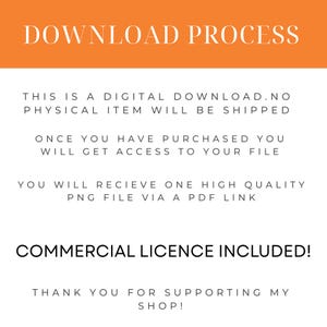 May include: White text on a white background with an orange header that says "DOWNLOAD PROCESS". The text describes the digital download process, including access to the file and a commercial license.