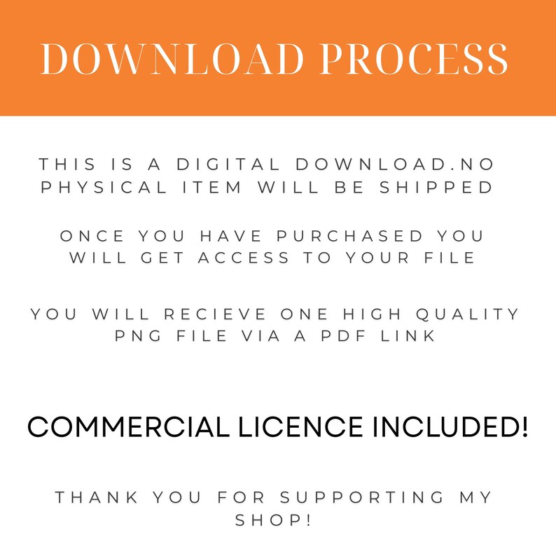 May include: White text on a white background with an orange header that says "DOWNLOAD PROCESS". The text describes the digital download process, including access to the file and a commercial license.
