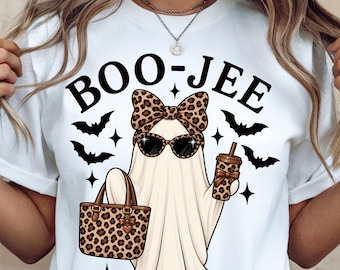 Boo Jee Leopard Ghost PNG Coquette Ghost Design Girly Coffee Fall T Shirt Spooky Season PNG Halloween Mama Tee Boo Ghost Digital File