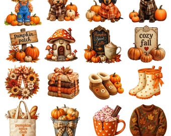 Cozy Fall Clipart Bundle Autumn Clipart PNGs Pumpkin Spice Coffee Sweater Fall Graphics Cute Farmhouse Thanksgiving Clipart Sweet Fall PNG