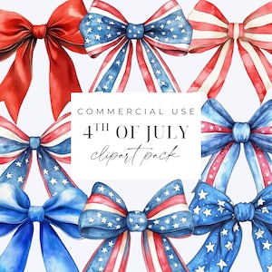 Clipart con fiocco acquerello del 4 luglio, clipart con fiocco civetta, clipart PNG con fiocco rosso, bianco e blu, clipart patriottico, download digitale del 4 luglio