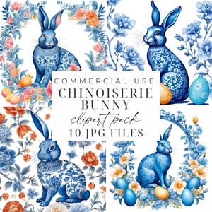 Easter Bunnies Clipart Blue Chinoiserie Bunny Clipart 10 JPGs Blue Toile Easter Graphics Grand Millennial Easter Design Instant Download
