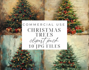 10 Christmas Tree Clipart JPGs Christmas Clipart Christmas Trees With Gifts Vintage Christmas Winter Graphics Card Making Paper Crafting