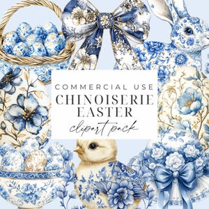 Chinoiserie Pasen clipart bundel aquarel blauwe chinoiserie clipart PNG Toile lente Pasen Instant Download blauwe chinoiserie konijntjes png