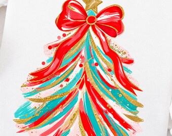 Preppy Christmas Tree PNG Brushstroke Christmas Tree PNG Messy Coquette Bow Festive Tree Design Trendy Holiday PNG Cute Christmas Shirt