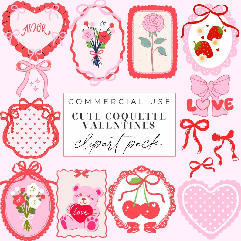 Cute Valentines Clipart Bundle Coquette Valentines Pngs Bow Frames Png ...