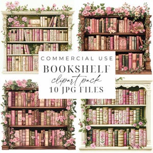 Può includere: Un set di 10 immagini digitali che mostrano librerie in stile vintage adornate con fiori rosa. Le librerie sono piene di libri antichi e hanno una finitura bianca e dorata. Il testo "COMMERCIAL USE BOOKSHELF clipart pack 10 JPG FILES" è visualizzato al centro dell'immagine.