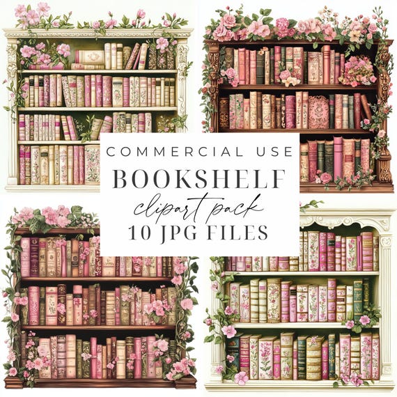 Bookshelf Clipart Bundle 10 Watercolor Floral Bookshelf JPGs Library Clipart Cottagecore Books Digital Download Paper Crafts Card Making