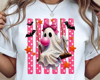 Cute Ghost Swing PNG Bubble Gum Ghost PNG Pink Spooky Halloween Ghost Shirt striped Halloween Design Brushstroke Fall Shirt Spooky Season