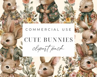 10 Bunnies With Flowers PNG, Bunny Clipart Pack, Floral Bunnies, Watercolor Clipart, Nursery Spring Bunnies, Commercial Use, Card Making