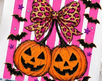 Kokette Kürbis PNG Preppy Herbst Kürbis Bogen PNG Trendiges Herbst Design Kürbis Leopard PNG süßes gruseliges Hemd Retro Herbst Digitale Grafik