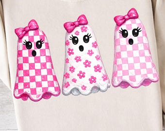 Cute Ghost Halloween PNG Coquette Ghost Bow PNG Trendy Striped Ghost Shirt Design Preppy Ghost Trio PNG Girl Fall T Shirt Summerween Graphic