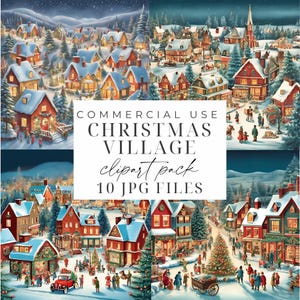 Christmas Winter Scene Clipart Bundle 10 Printable Christmas Village Clipart JPG Christmas Houses Snowy Village Digital Download Card Making