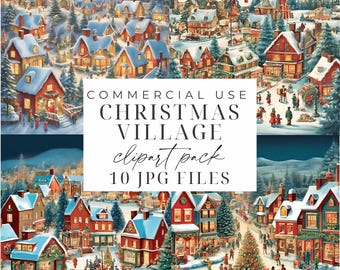 Pacchetto Clipart di scene invernali di Natale 10 Clipart di villaggi di Natale stampabili JPG Case di Natale Villaggio innevato Download digitale Creazione di biglietti