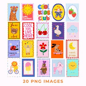 May include: A collection of 20 PNG images featuring colorful illustrations. Designs include a cheetah with a floral crown, a sun with the text "Hello Sunshine", a clown, strawberries, a bear, cherries, a duck, a cloud, a ladybug, a dog on a skateboard, and a lion on a bicycle.