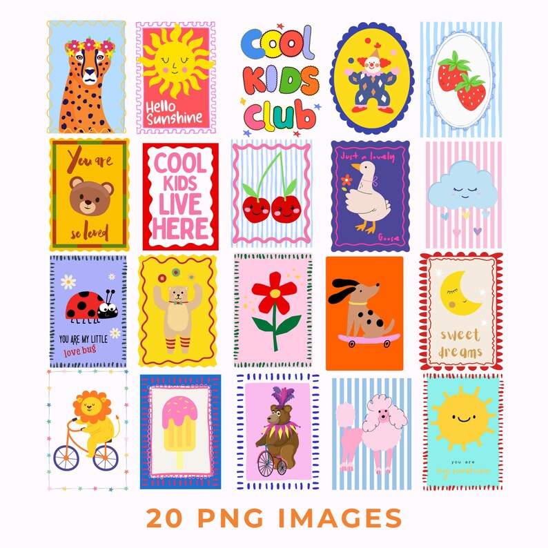 May include: A collection of 20 PNG images featuring colorful illustrations. Designs include a cheetah with a floral crown, a sun with the text "Hello Sunshine", a clown, strawberries, a bear, cherries, a duck, a cloud, a ladybug, a dog on a skateboard, and a lion on a bicycle.